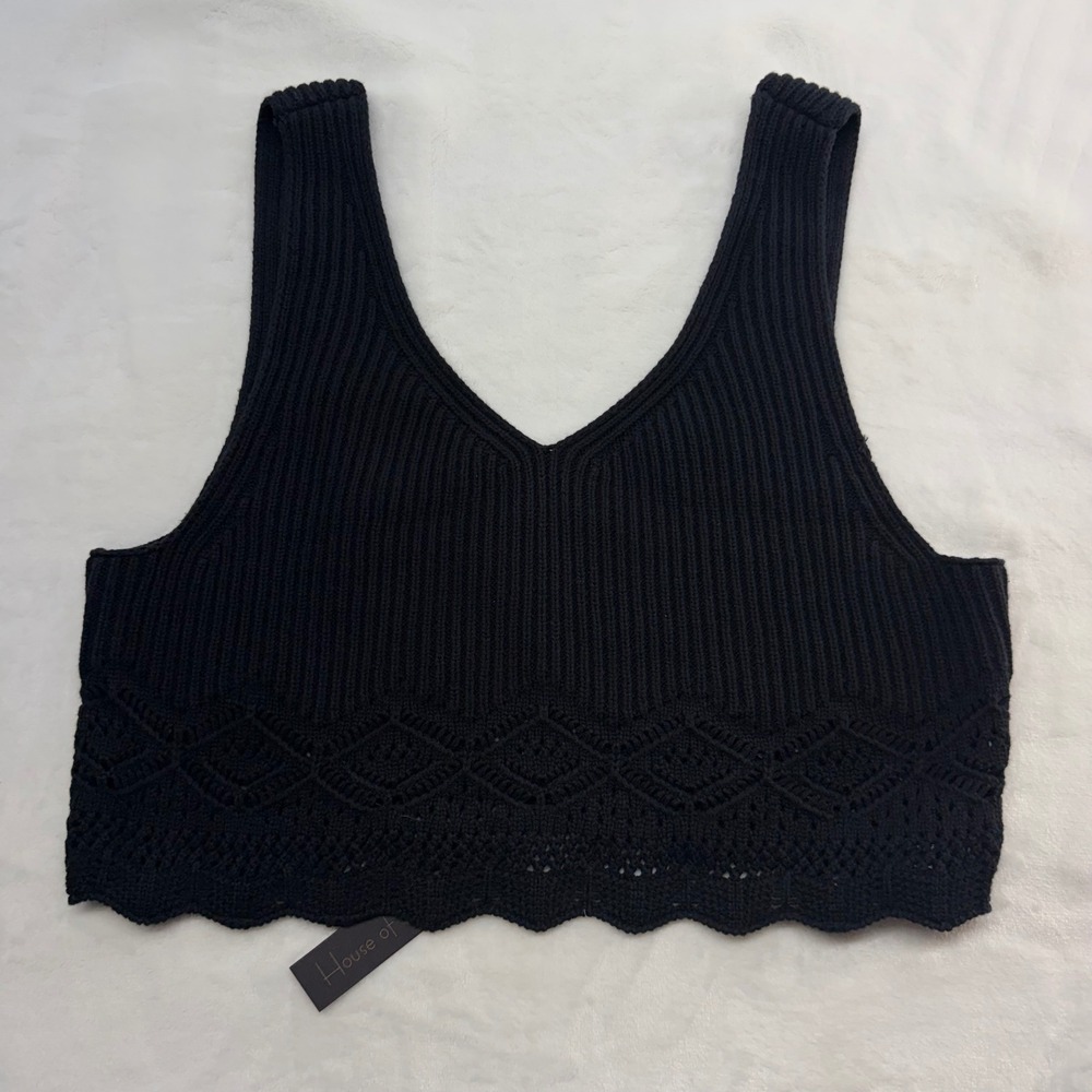 House Of Harlow 1960 Black Crop Top Crochet Ribbed V-Neck Knit NWTs Size Large